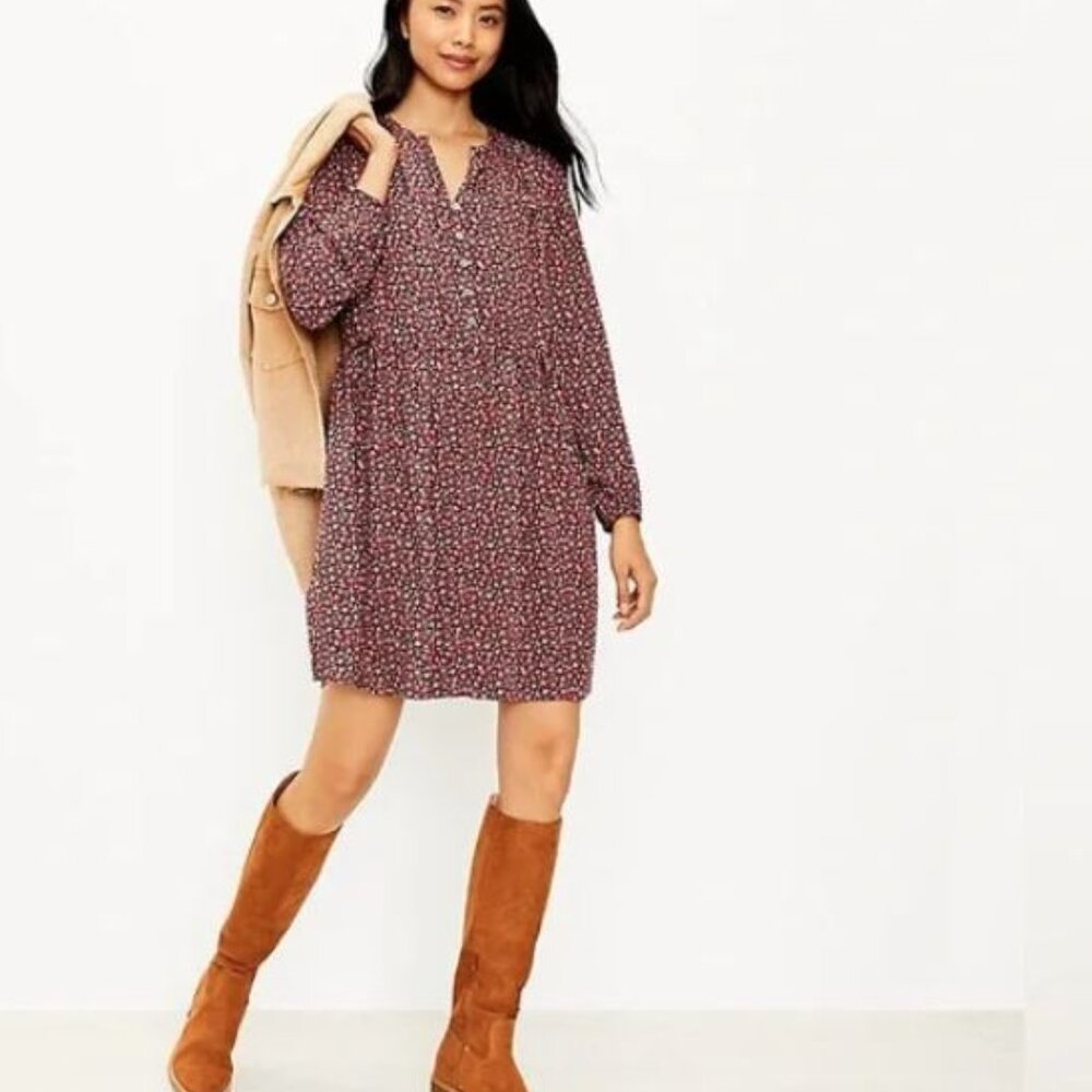 NWT LOFT Floral Mini Swing Dress Size XS Yellow Multicolor Long Sleeves